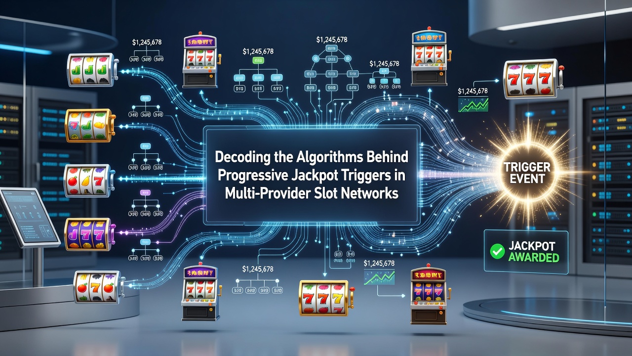 Diagram van multi-provider slotnetwerk met jackpot contributies en triggers