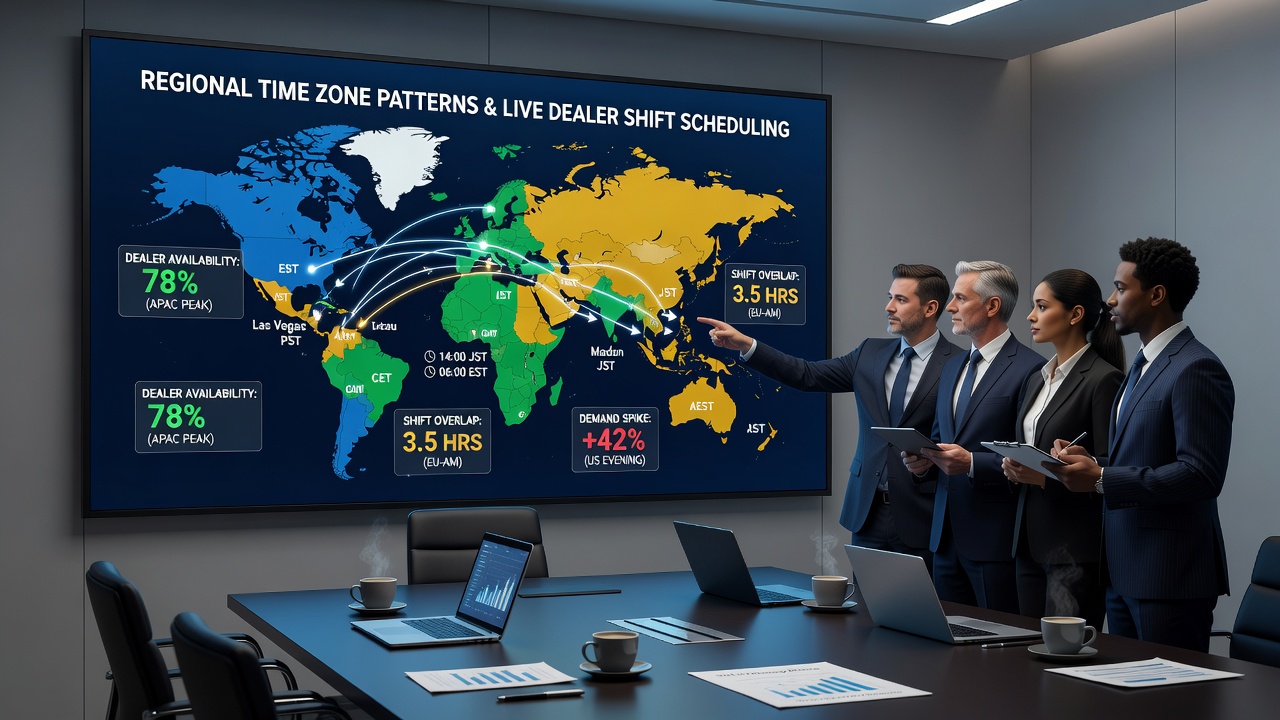 Live dealer studio met meerdere schermen die verschillende tijdzones tonen
